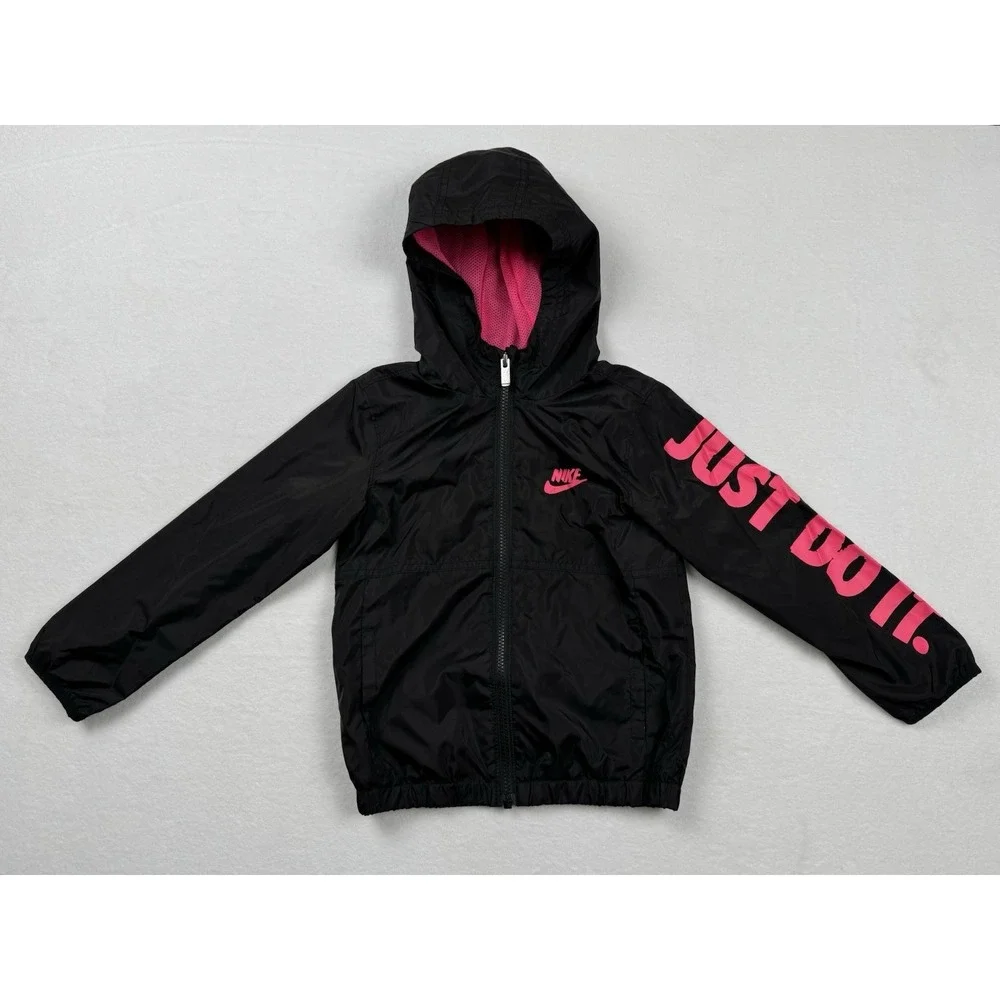 Nike Windbreaker Jacket Kids Size 6 Black Pink Just Do It Full Zip Hooded